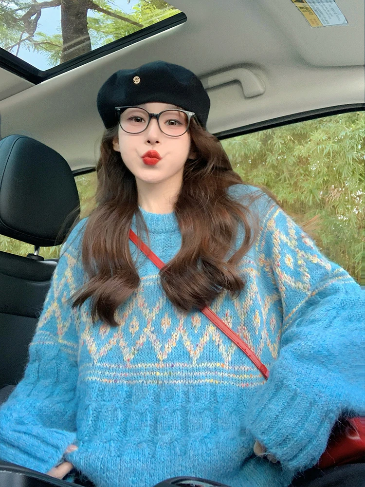 ヴィンテージブルーケーブルニットセーター女性韓国秋冬肥厚モヘアアーガイルプルオーバークルーネックコントラストジャカードニットトップ