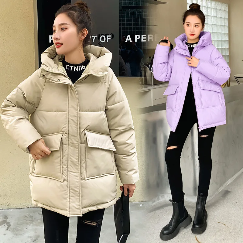 Down Padded Jacket Female Winter Thick Warm Parkas Coat 2023 New Loose Bread Coat Hooded Winter Jacket Solid Outwear