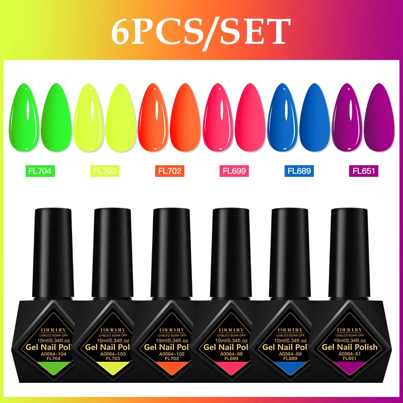 สี่ LILY 10ml 6 ชิ้นเจลเล็บชุดสําหรับเล็บสีชมพู Nude Macaron นีออนที่มีสีสันเล็บเจลเคลือบเงาชุดเล็บเล็บ Supply