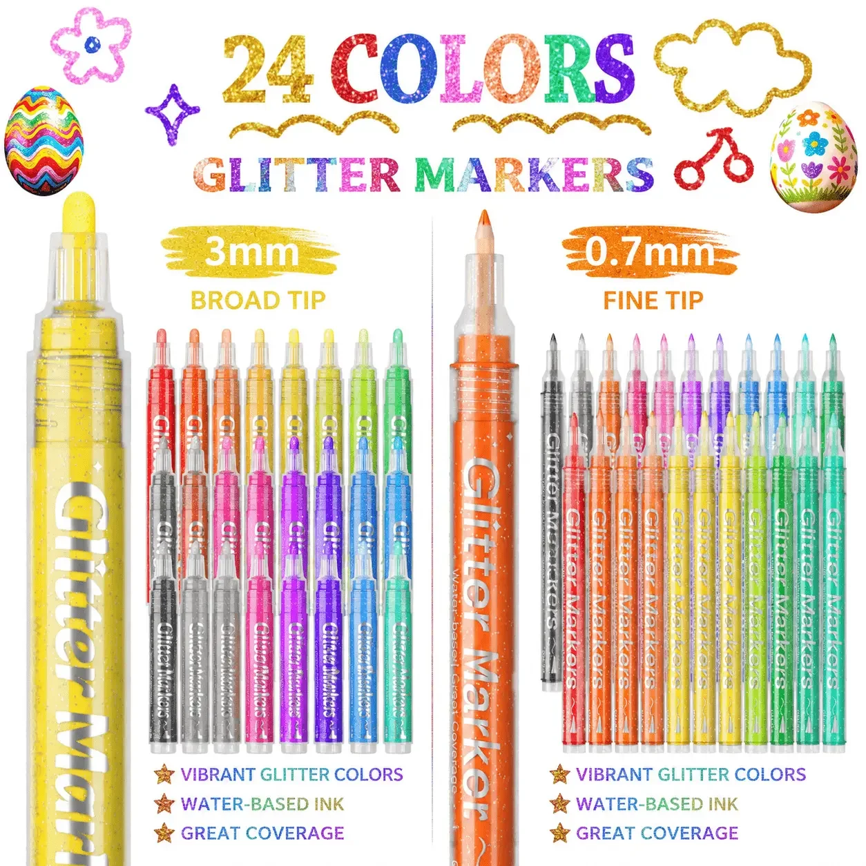 FLYSEA 24 Colors Glitter Acrylic Paint Markers, Water-Based Paint Pens with 0.7mm Fine Tip or 3mm Medium Tip, Waterproof After Drying, for Rock Painting, Glass, Wood, Paper, DIY Crafts and Card Making