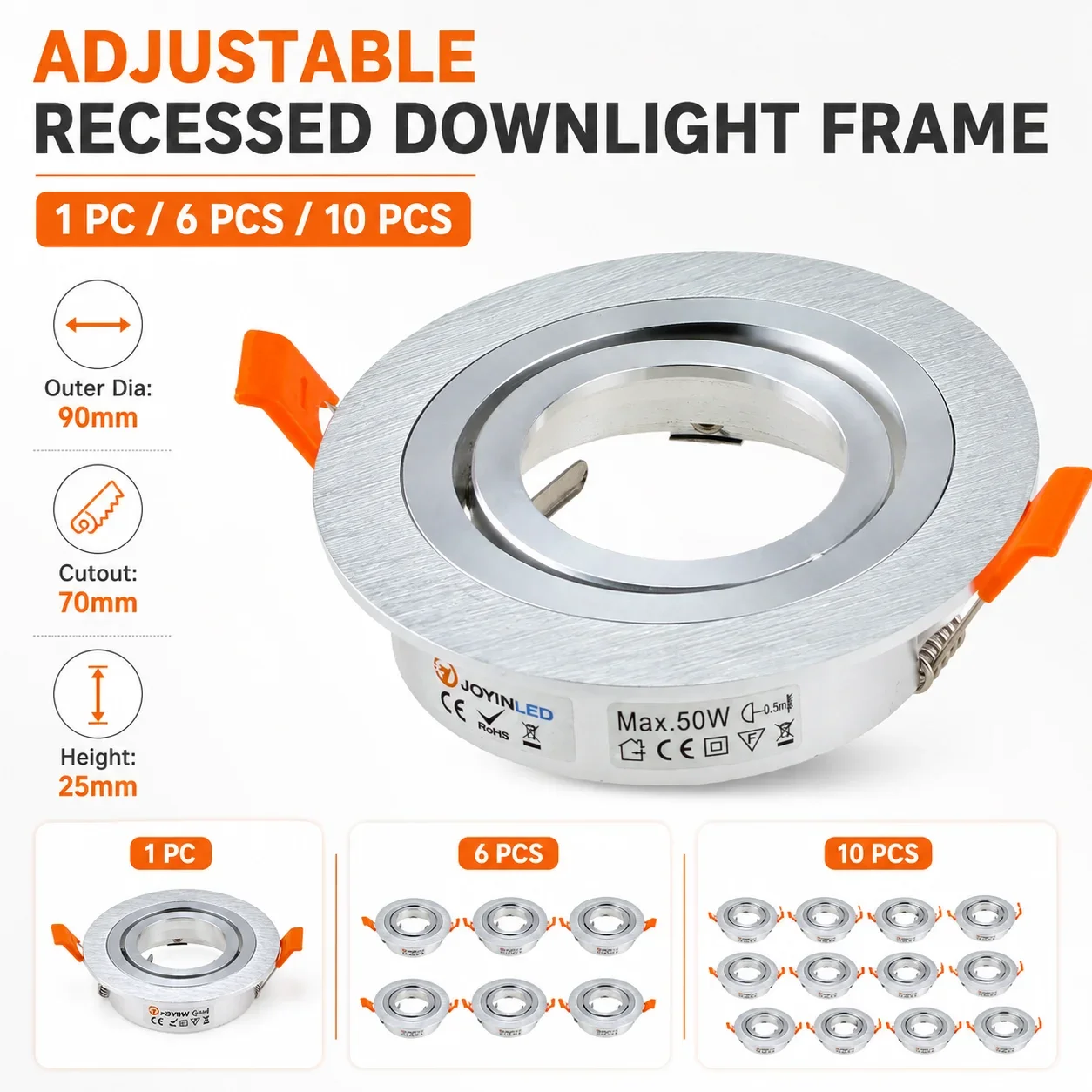 JOYINLED Round Silver Adjustable Recessed Downlight Frame GU10 MR16 Spotlight Housing Lamp Holder Ceiling LED Fixture Trim