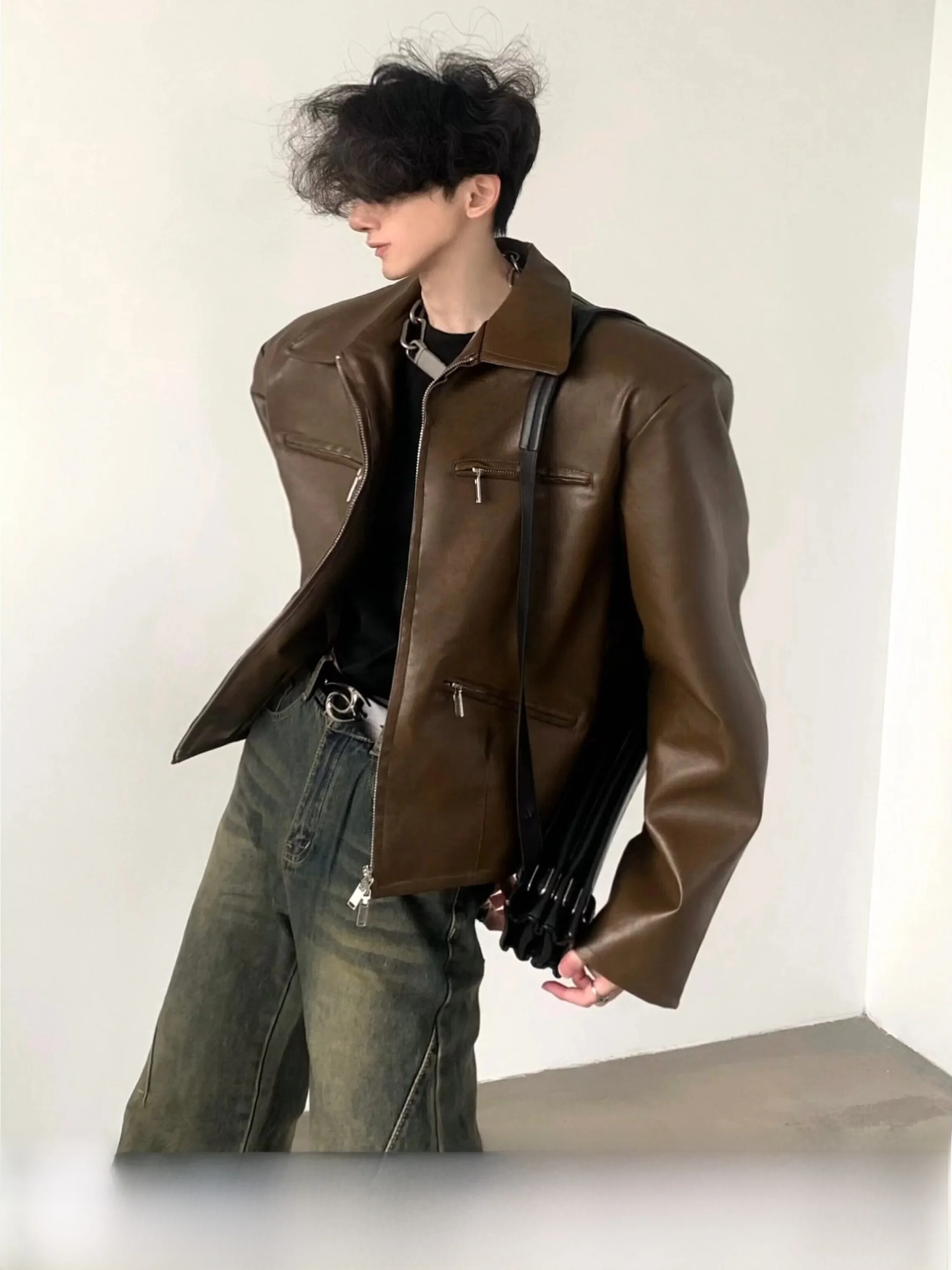 Autumn Mountain Wind Brown Leather Jacket Men's Short Style Padded Shoulder American Retro Design Fashionable Casual Coat