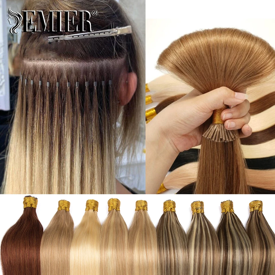 Extensiones de cabello humano con puntas rectas I, 50 hebras/juego, extensiones de Color Natural, cápsula de queratina de 12-26 pulgadas, resaltado