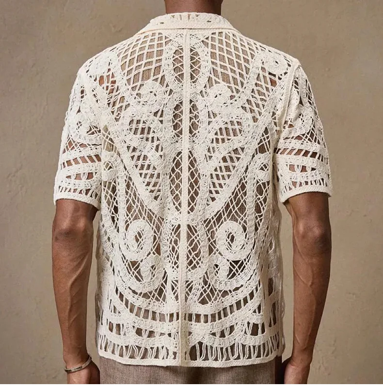 Men's Sexy Mesh Crochet Open Front Polo Shirt Short Sleeve Summer Fashion Shirts Breathable Knitted Top Beach Club Costume