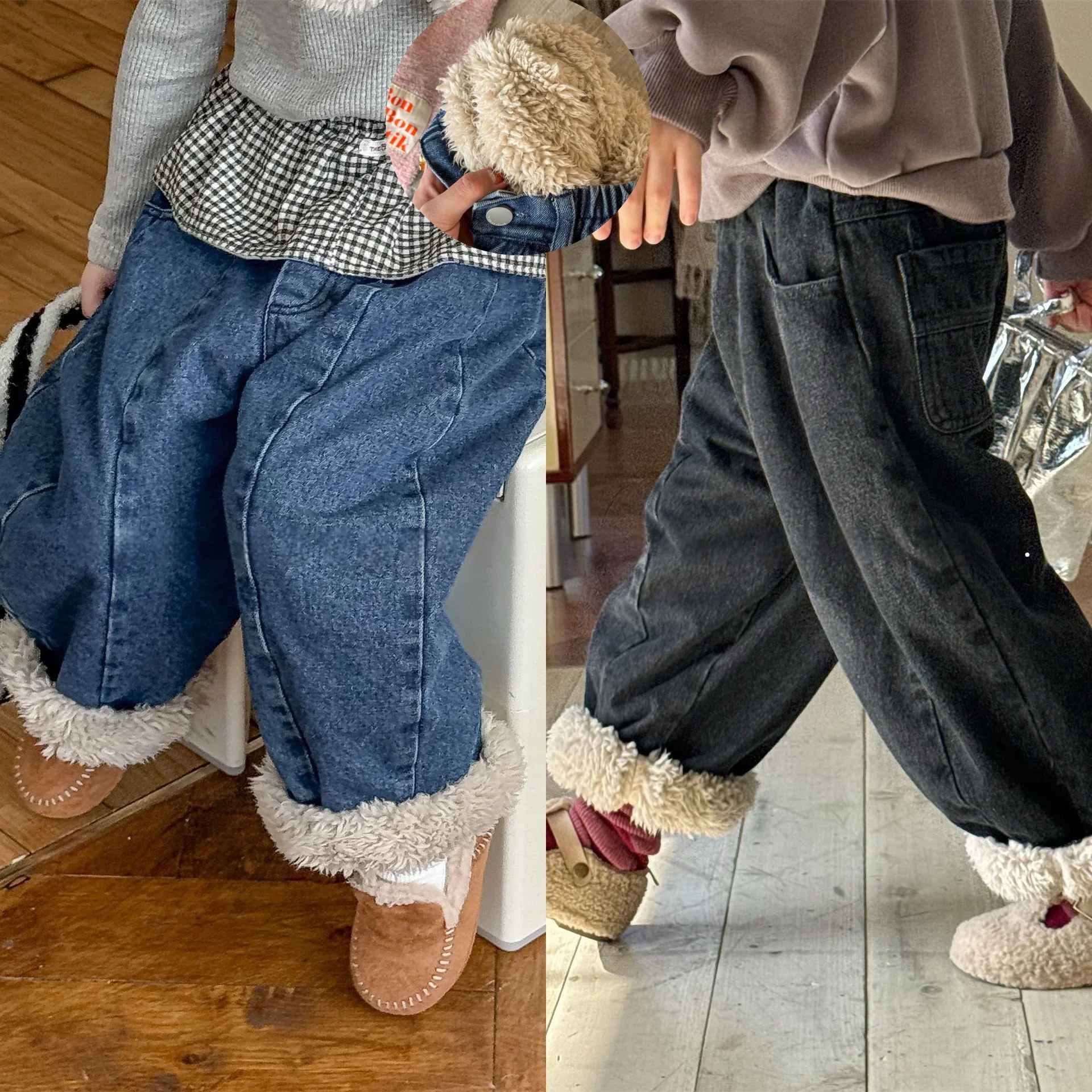 

2025 зимние новые детские джинсы на хлопковой флисовой подкладке, От 1 до 6 лет, теплые пушистые джинсовые брюки с манжетами для мальчиков и девочек, широкие повседневные свободные брюки, одежда