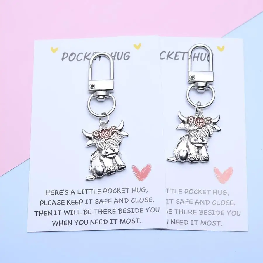 1/5/10/20/50/100pcs Gift For Her/Him 2/4-Pack Vintage Highland Cow Keychain Set | Includes Pocket Hug Card, Suitable for Men and
