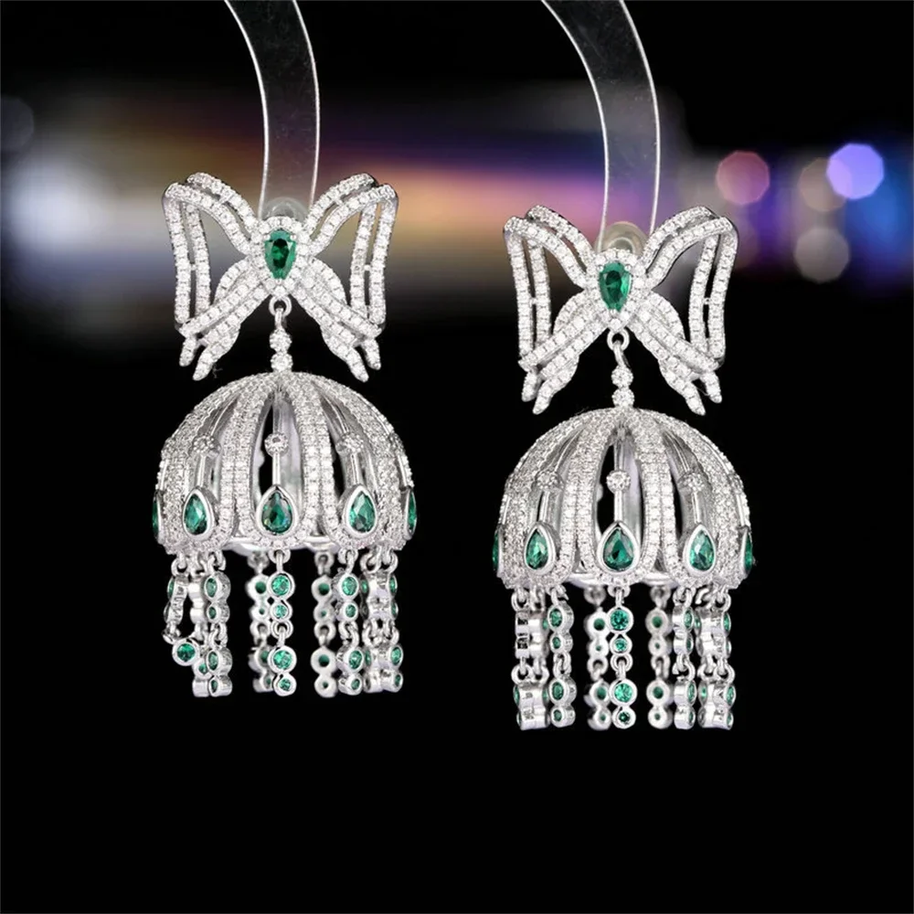 

New Luxury AAA Cubic Zirconia Bell Earrings Women Retro Bow Drop Earrings Tassel Beads Jhumka Indian Jhumki Wedding Jewelry Gift