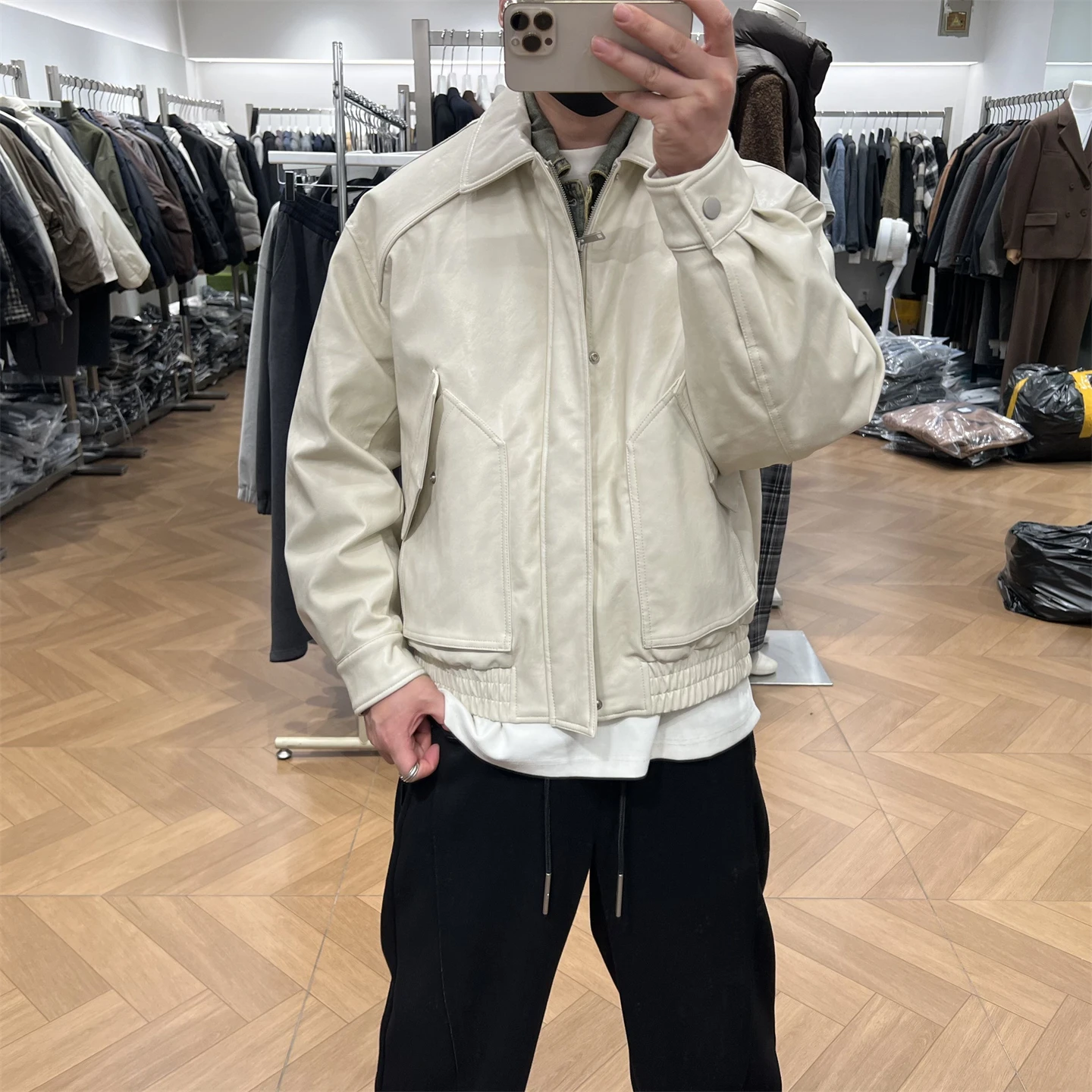 

Luxury Denim Patchwork PU Leather Jaet down Jaet Men's Winter American Retro Cool Motorcycle Jaet Loose Fit Zipper