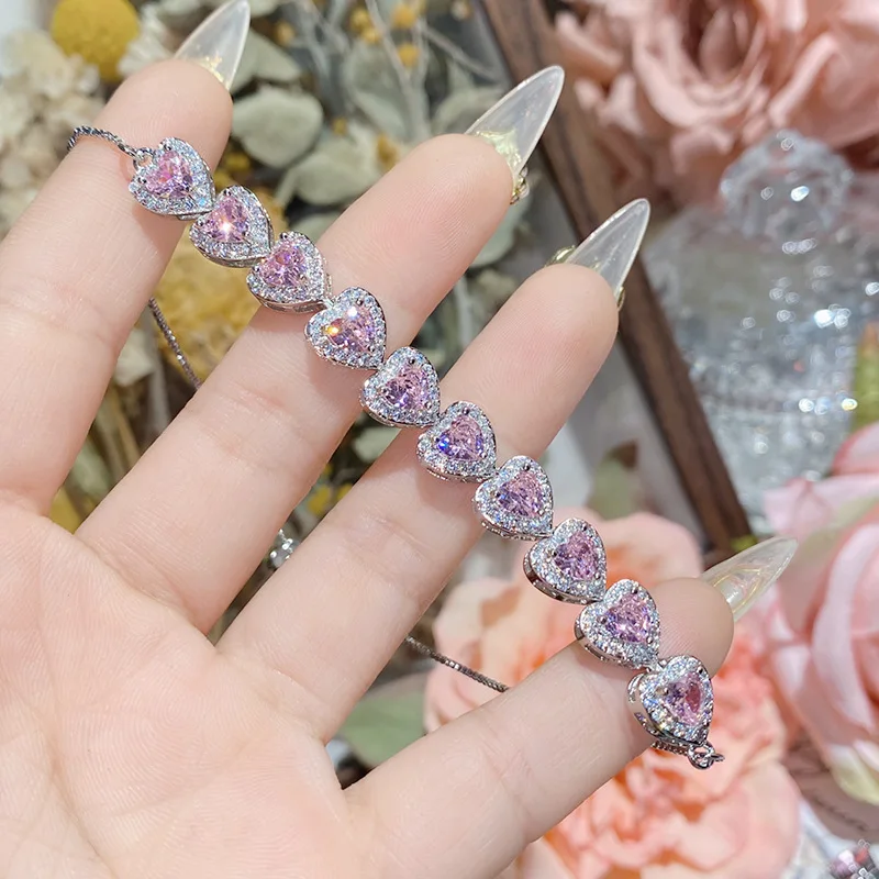 Diamand Bracelets for Women Romantic Heart Full Pink Crystal Zirconia Fine Jewelry Party Engagement Wedding Accessories Bangle