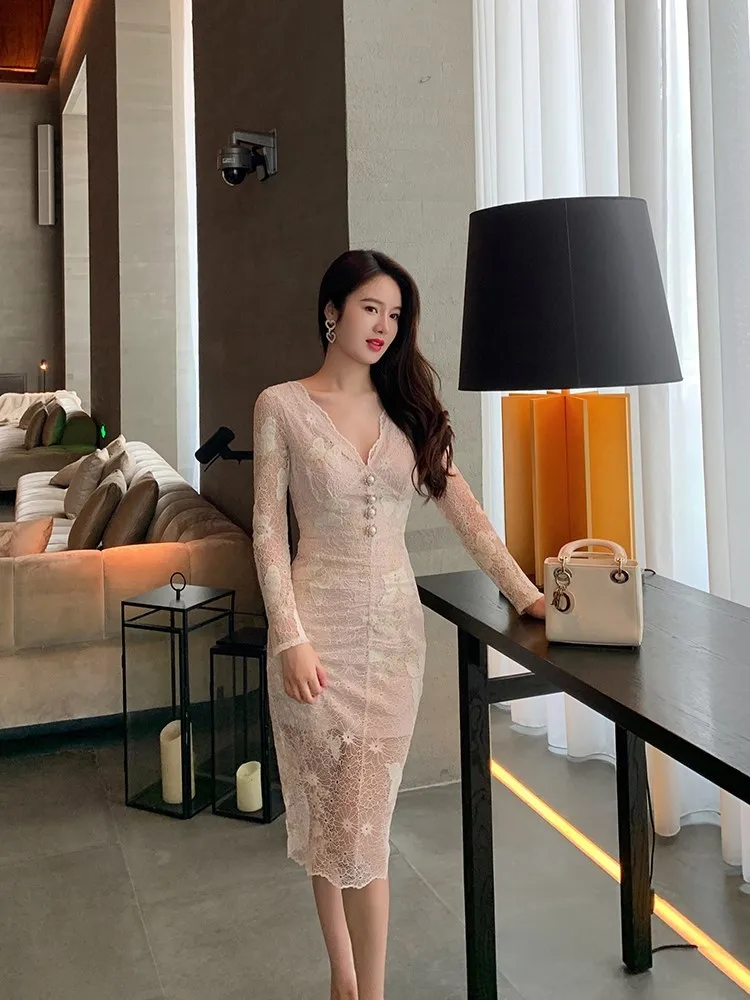 

Ele V-ne Lace Dr Women's Slim Fit Base Layer Spring 2023 Faion Design Sense High Waist Midi Skirt Commute Sle