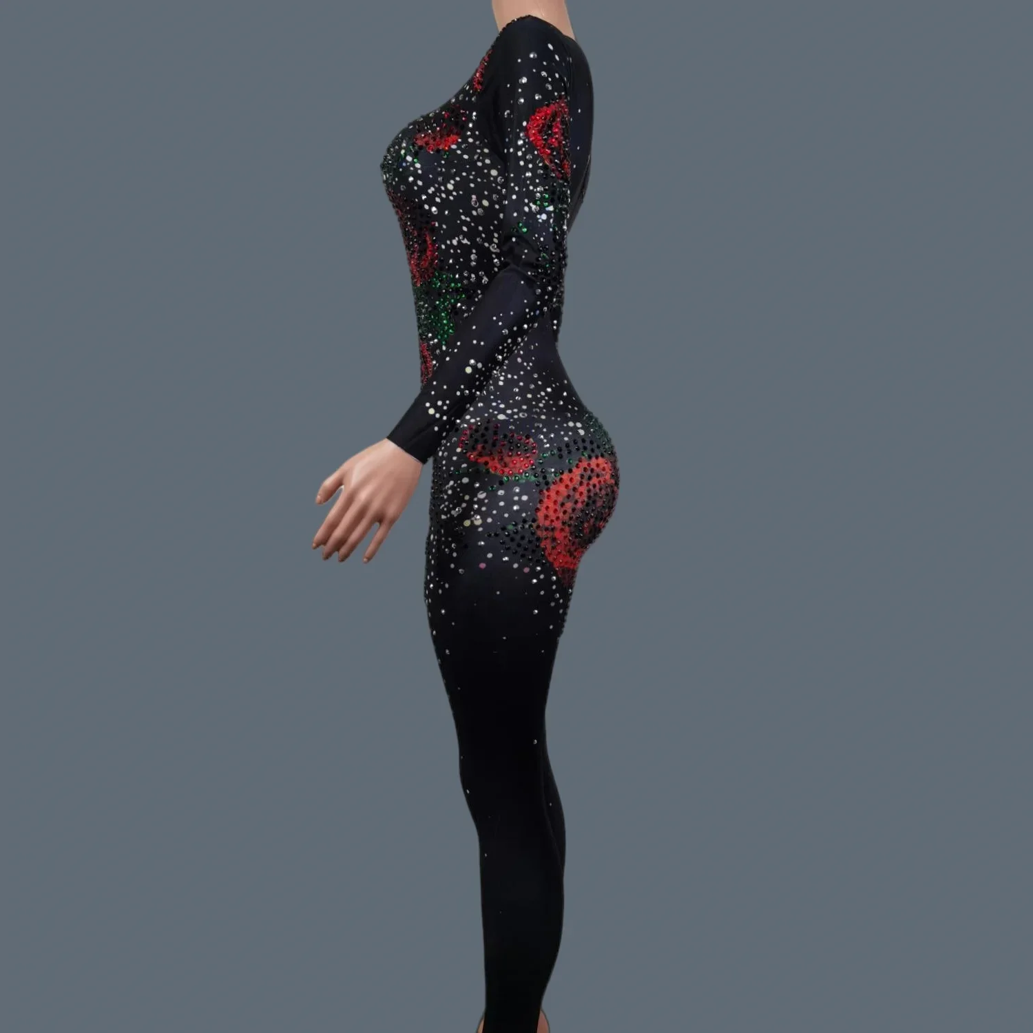 라인 석 로즈 점프 슈트 댄스 의상 여성 섹시한 생일 축하 파티 Shapely Bodysuit 무대 공연 착용