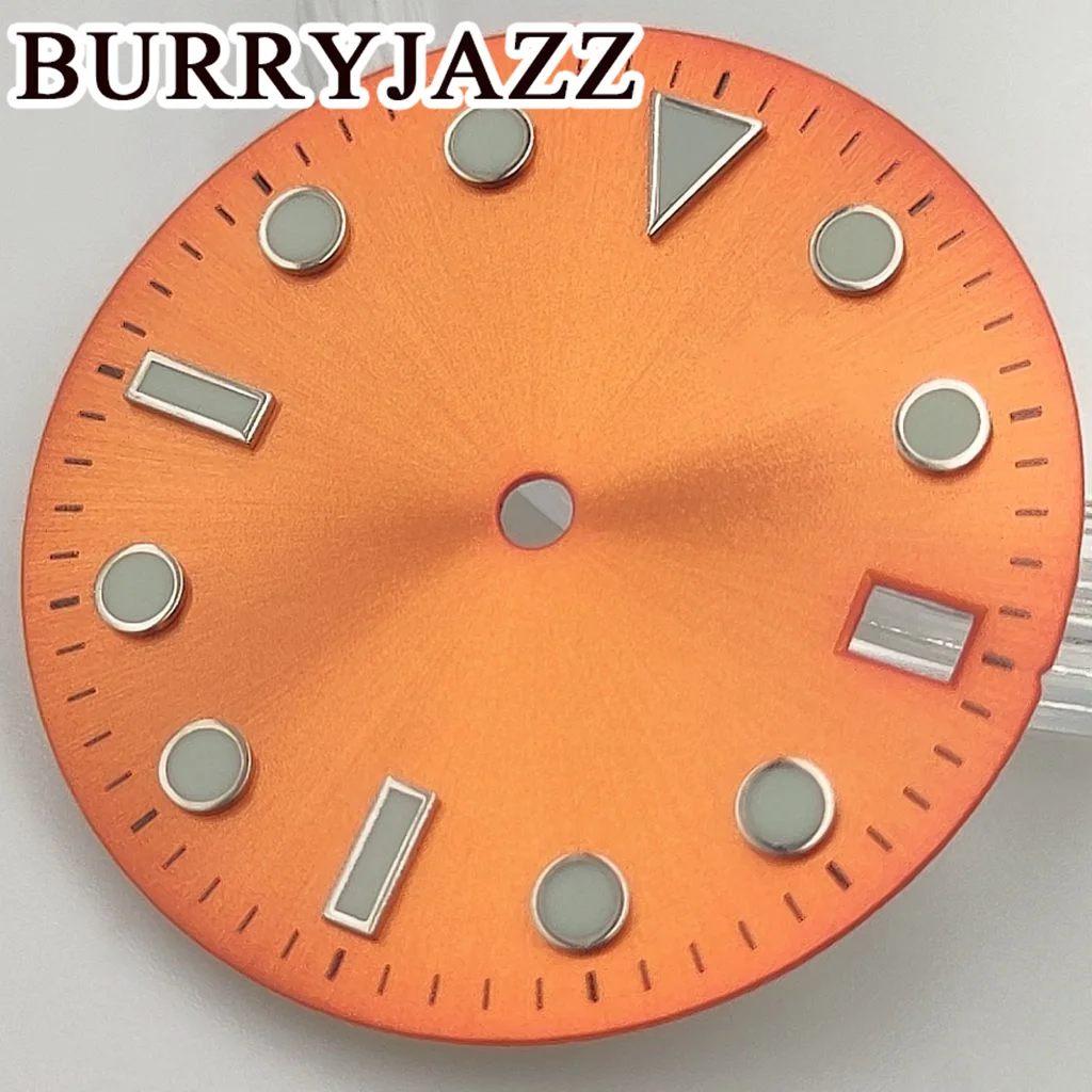BURRYJAZZ 28.5mm No Logo NH35 Watch Dials Orange Pink Dial Green Luminous Fit 3 O'clock 3.8 O'clock Case Crown