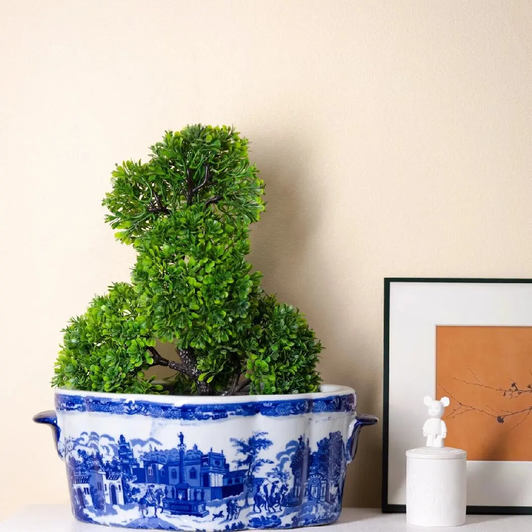 Ceramic hand-painted blue and white porcelain B & B tea room living room entrance flower arrangement