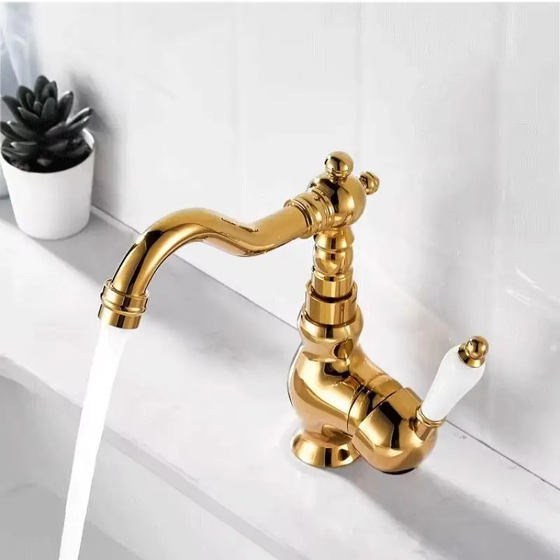 Vintage Brass Basin Faucet Cold Hot Mixer Water Tap Long Arc Rotating Spout Deck Mounted One Hole Crane Vessel Sink Vanity Tap