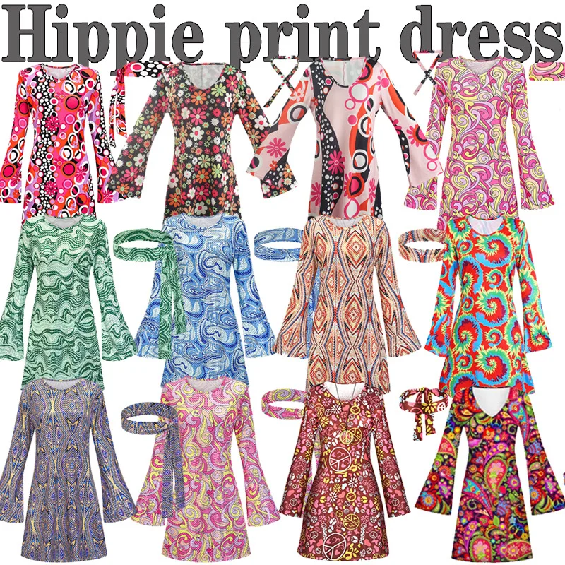 Halloween Christmas European and American Costumes 1970s 1980s Hippie Costumes Printed Dresses Headscarves