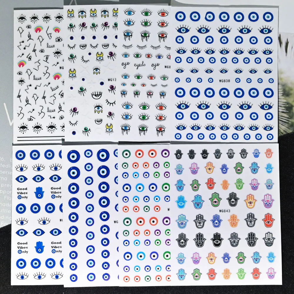 1 Sheet 3D Blue Evil Eye Design Nail Art Decals DIY Self-Adhesive Charms Abstract Line Sliders Decoration Colorful Nail Stickers