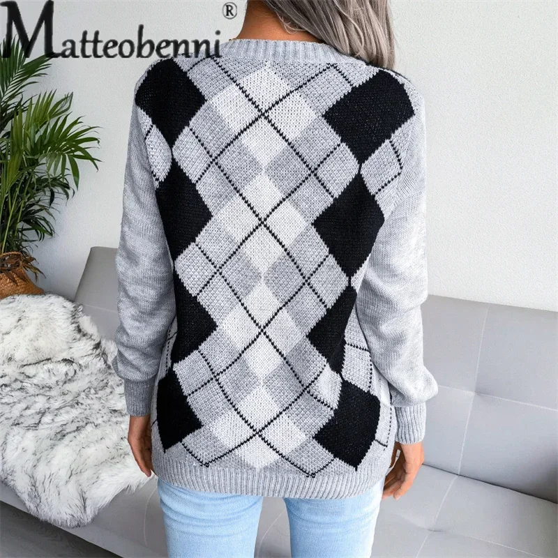 College Style Rhombus Sweater Women Elegant V Neck Pullover Jumpers Female Autumn Winter Casual Loose Knitwear Trend Streetwear