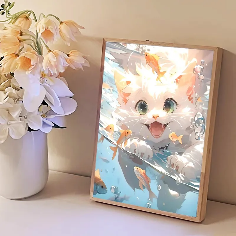 Imagem -04 - Anime Cat Led Light Painting Night Lamp Photo Frame Paisagem Animal Decoração de Cabeceira Tricolor Picture Presente de Natal