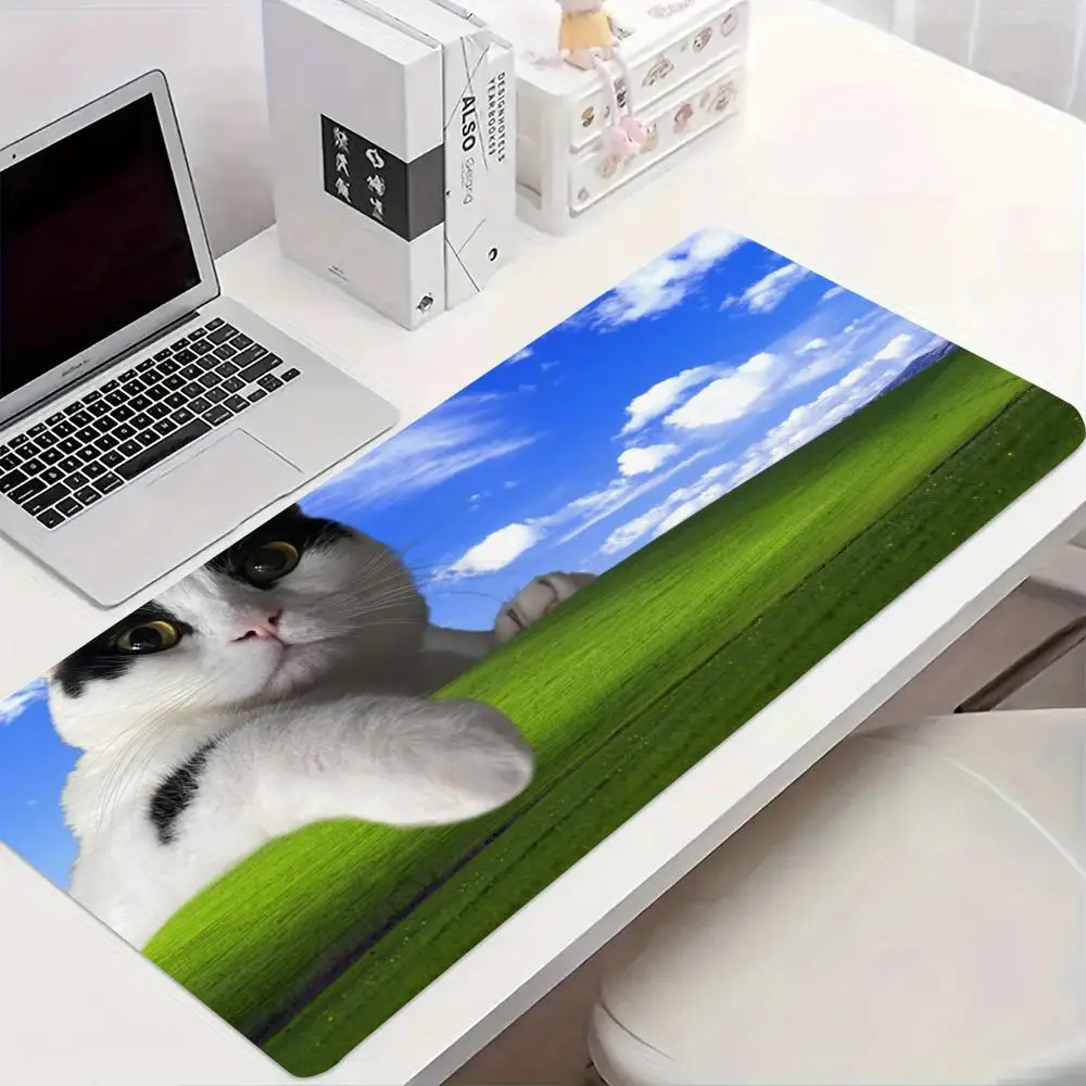 Aesthetic Natural Scenery Kitten Print Extended Mouse Pad, Anti-Fade Rubber Desk Mat with Lawn Sky Pattern for Office Gaming