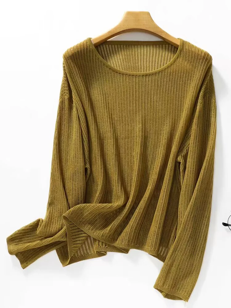 2024 Knitted Flax Loose Thin Women Sweaters See-through Jumper Pullover Long Sleeve Casual Pull Shirts Solid Femme Sweater