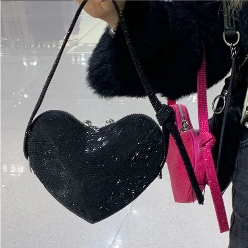 Luxury Rose Red Heart Shaped Shoulder Bag Love Women Bag Fashion Diamond Evening Bag Women Handbag