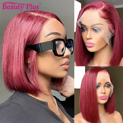 Perruque Bob Lace Front Wig Naturelle Lisse Bordeaux, Cheveux Humains, 13x4, 99J