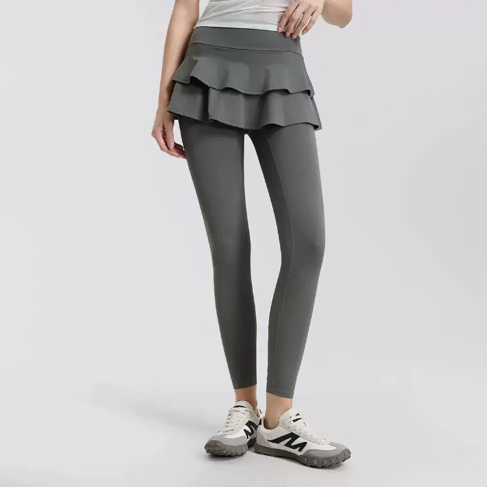 Women High Waist 2 Layer Ruffle Skirt Yoga Leggings Fake Two Piece Anti Exposure Gym Running Tennis Sports Workout Pants