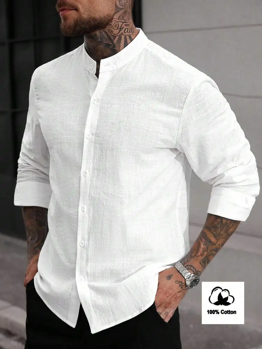 

Men's Solid White Long Sleeve Button-Up Casual Shirt, 100% Cotton