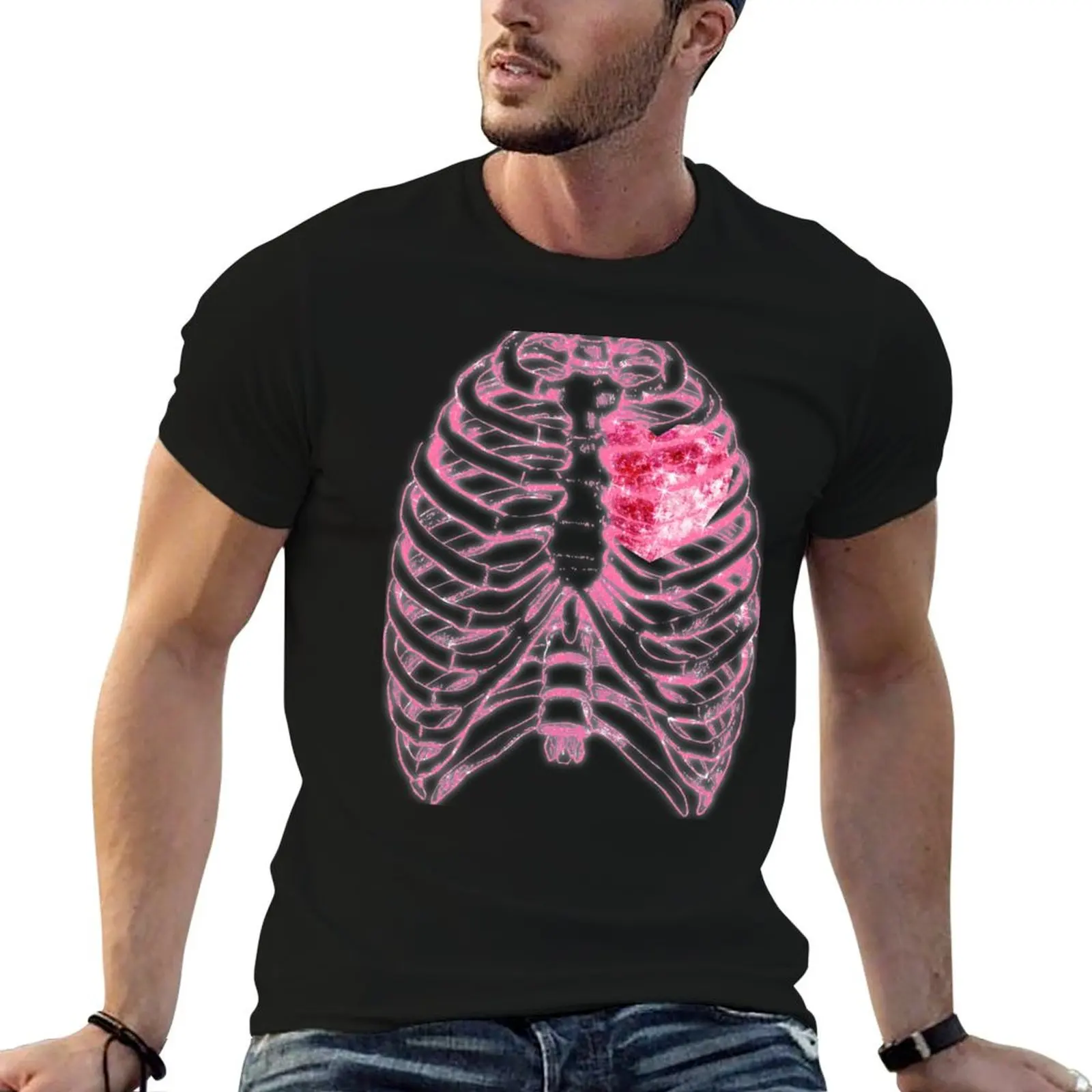 

Neon t Pink man Effect t Fluo shirt Heart shirts for Halloween Cute man Skeleton T-Shirt designer Moon Ribs printed Goth