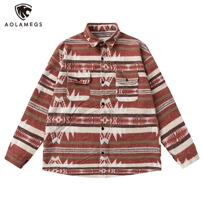 Aolamegs Men Long-Sleeved Shirt Ethnic Retro Print Blouse Coat Stripe Contrast Color Top Casual Streetwear Holiday Clothes