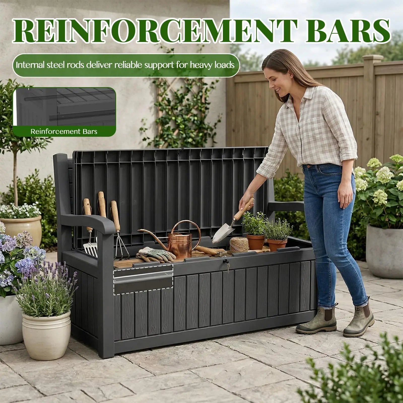 120 Gallon Outdoor Storage Bench, Lockable for Patio Furniture, Grey
