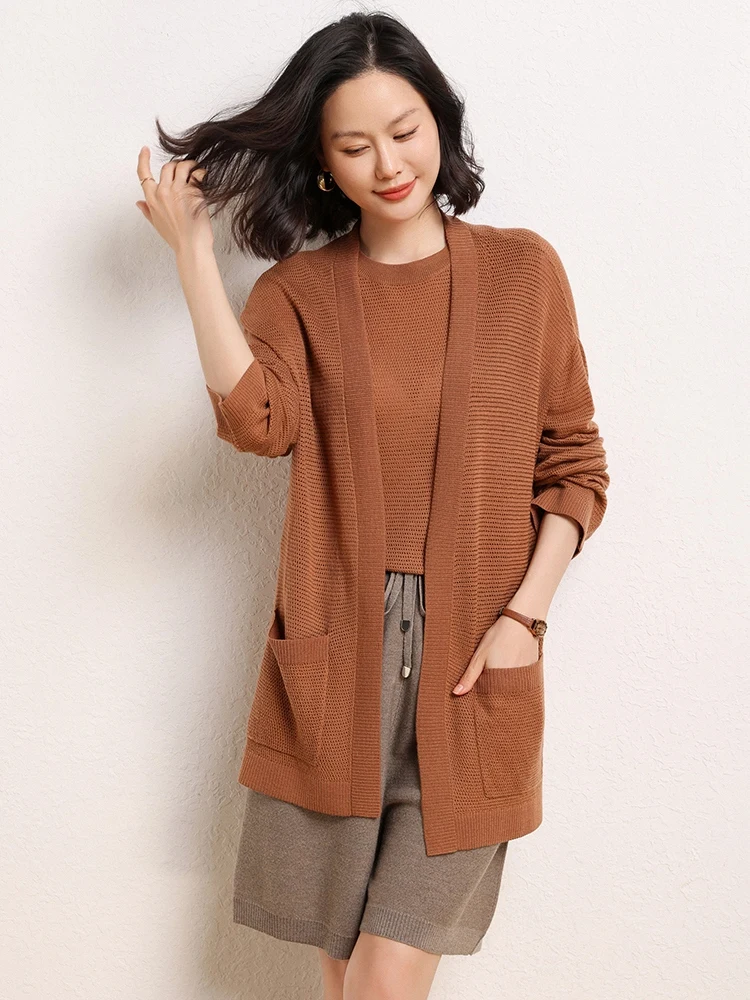 2024 Autumn Winter Fashion Women 100% Merino Wool Sweater Solid Hollow Out Cardigan Knitwear Casual Loose Cashmere Clothing Tops