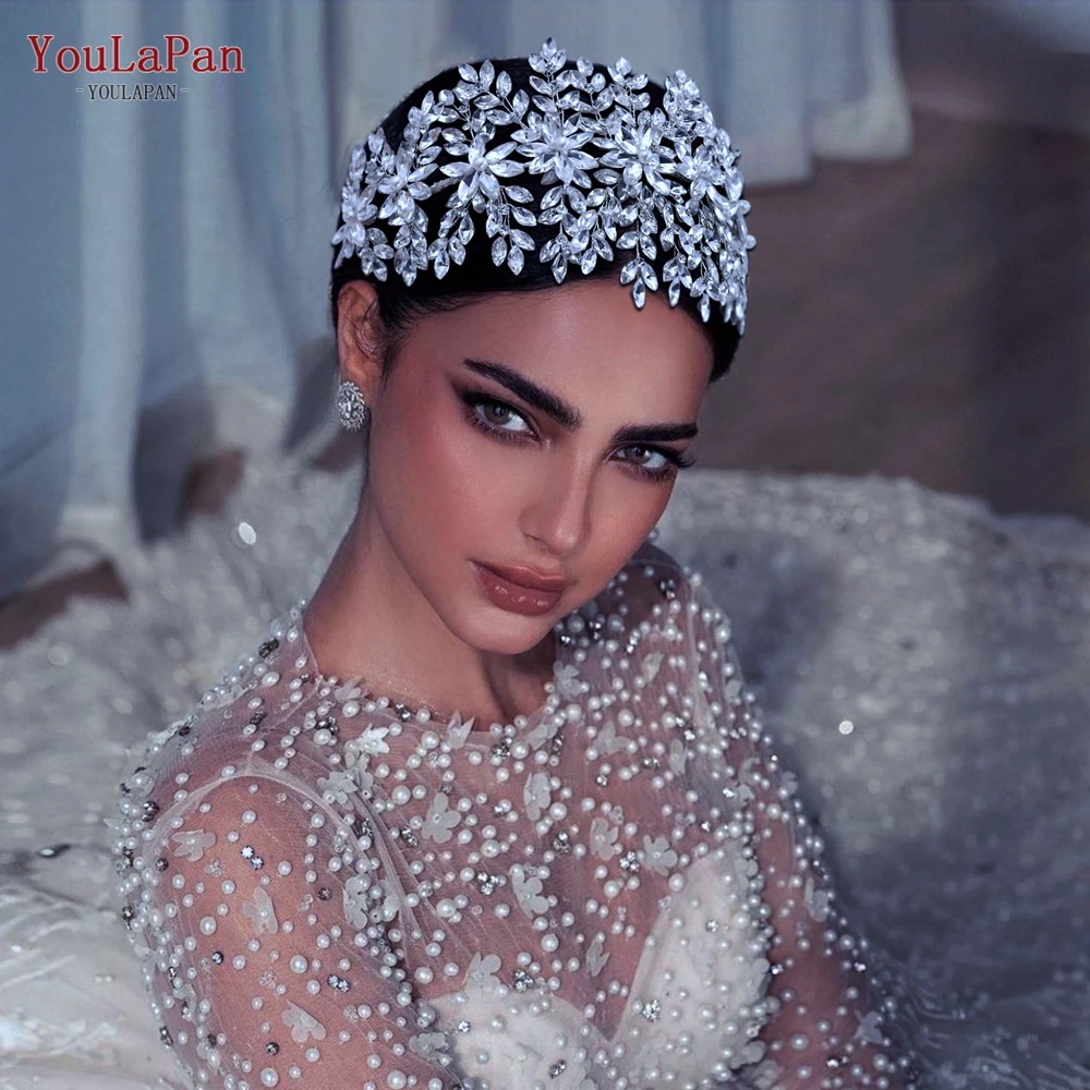 TOPQUEEN – bandeau de mariée avec perles en argent, accessoires de cheveux de mariage, ornements de cheveux, couronne en diamant, diadème de princesse, HP375