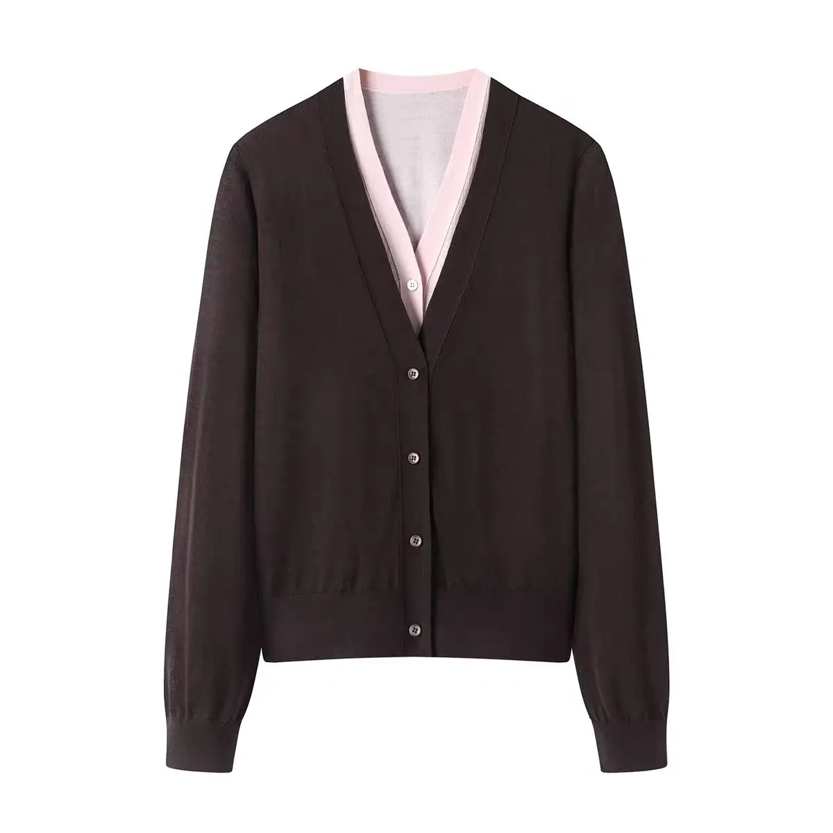 Merino 100% Wool Women's V-neck Cardigan Fake Two-piece Button Autumn Winter Casual Fashion Knitted Cashmere Sweater