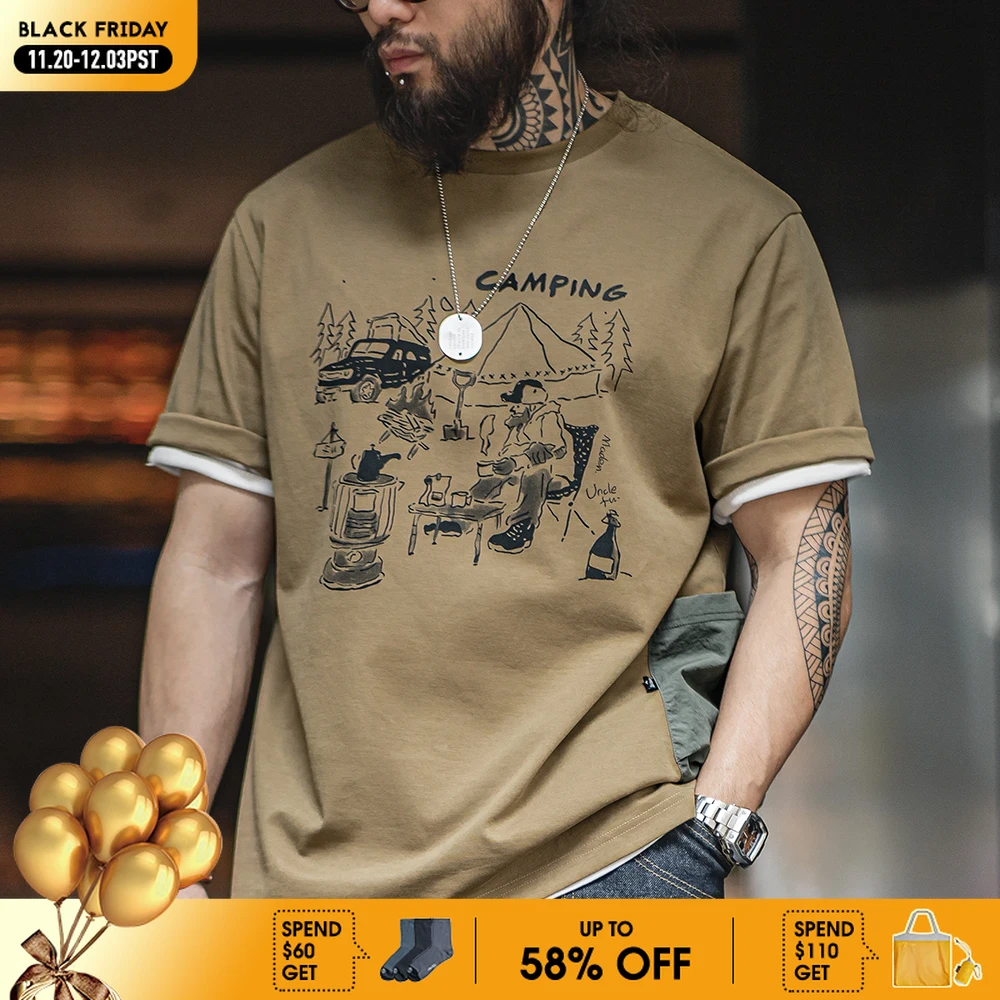 

Maden Outdoor Printed Short-sleeved T-shirt Khaki Camping Illustration Design with Pocket Short-sleeved Top for Men's Summer