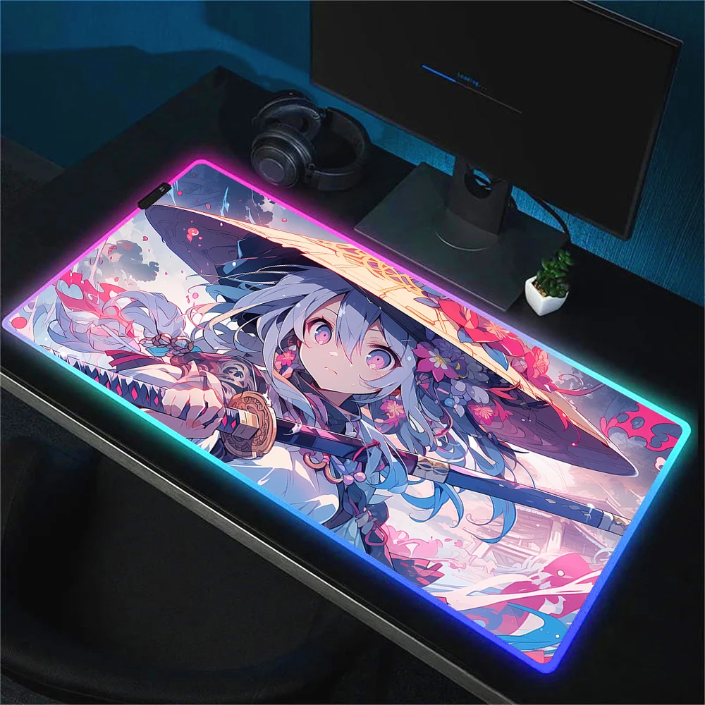 Imagem -04 - Anime Kawaii Menina Mouse Pad Rgb Luminescência Gaming Mousepad Led Cor Luz Bloqueio Bonito Tapete de Mesa Teclado Jogo Grande Tapete