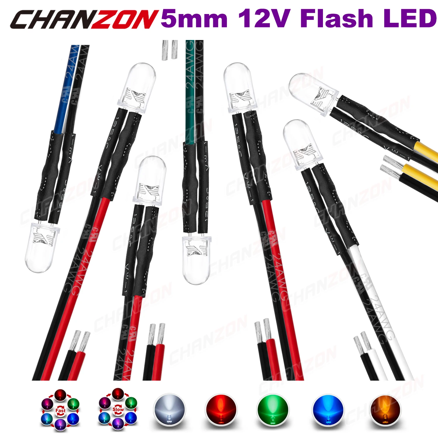 20 pçs 5mm 12v led diodo piscando pré-fio contas de luz piscando branco vermelho verde azul amarelo rgb rápido lento flash diy pré fio lâmpada