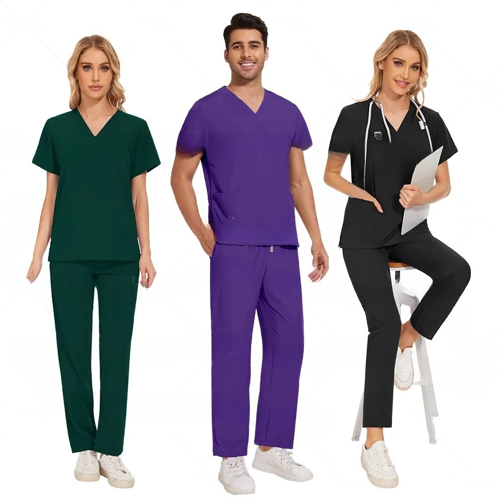 Uniforme médico de manga curta com decote em v roupas de trabalho hospital enfermeira esfrega uniforme dcotor uniformes cirúrgicos enfermagem conjunto calça reta