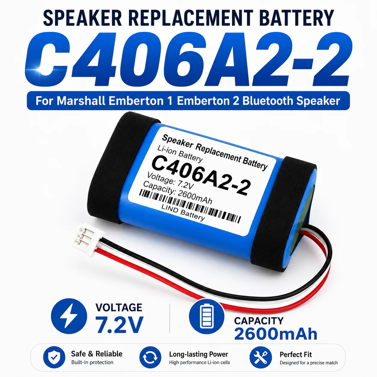 C406A2-2 7.4V 2600mAh Replacement Battery Fit Marshall Emberton 1 Emberton 2 Bluetooth Speaker Brand New Lithium Spare Battery