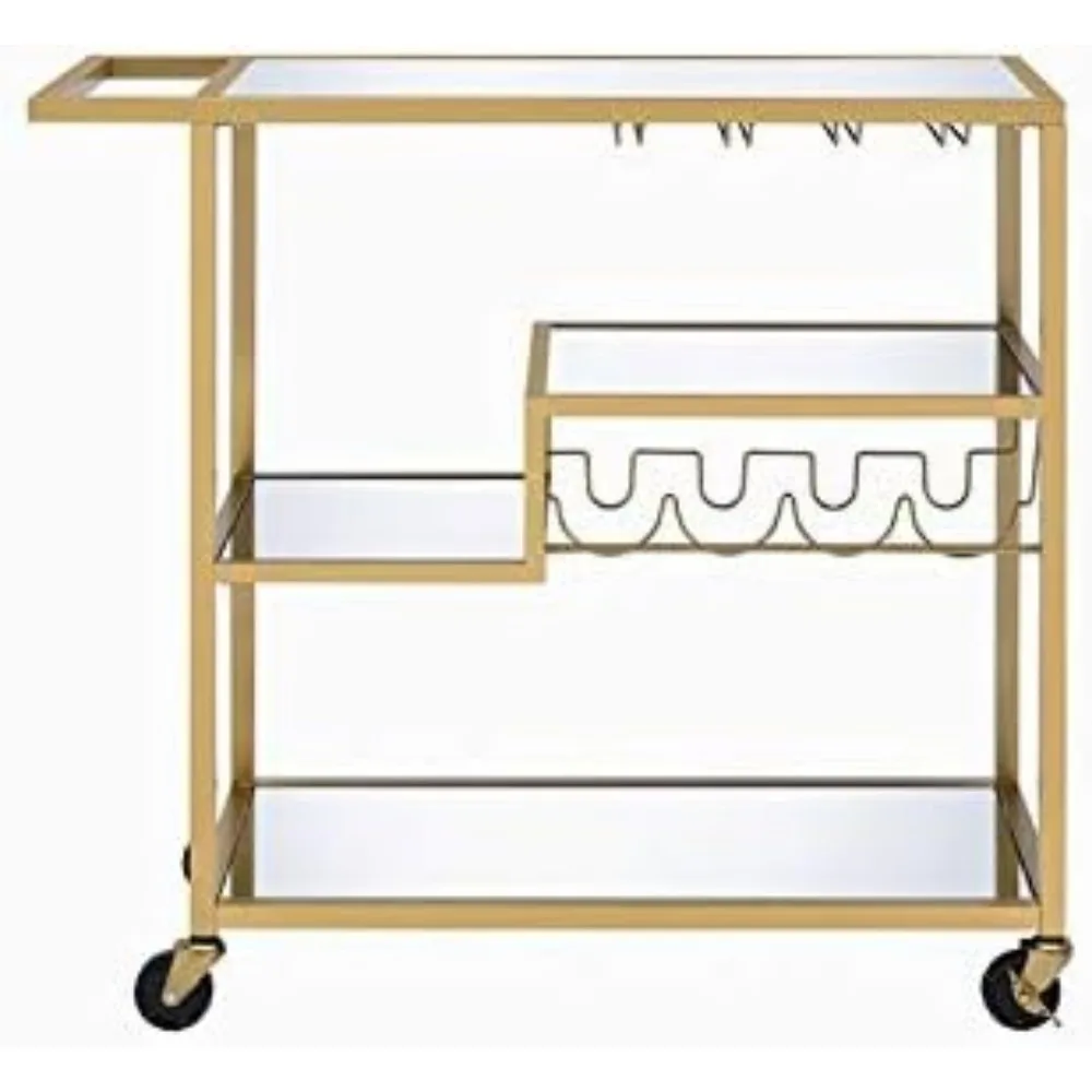 Adamsen Rectangular Glass Top Serving Cart with 3 Tiers in Gold