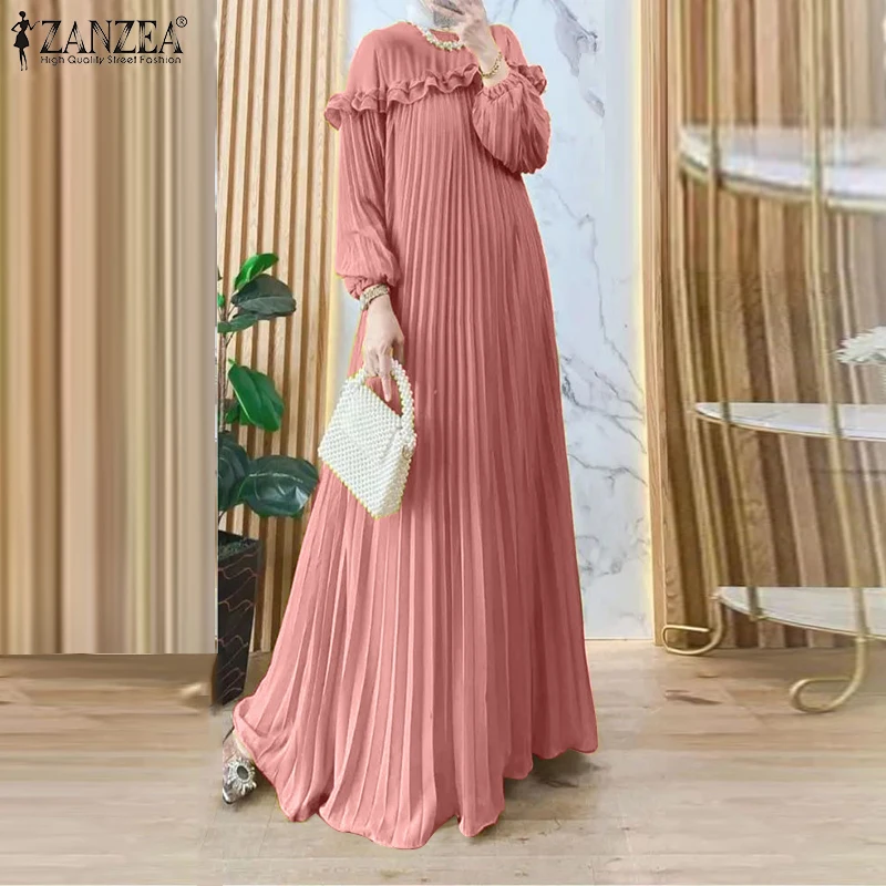 2026 ZANZEA Elegant Party Dresses Women Spring Long Sleeve Pleated Maxi Sundress Dubai Robe Fashion Muslim Abaya Dress Ramadan