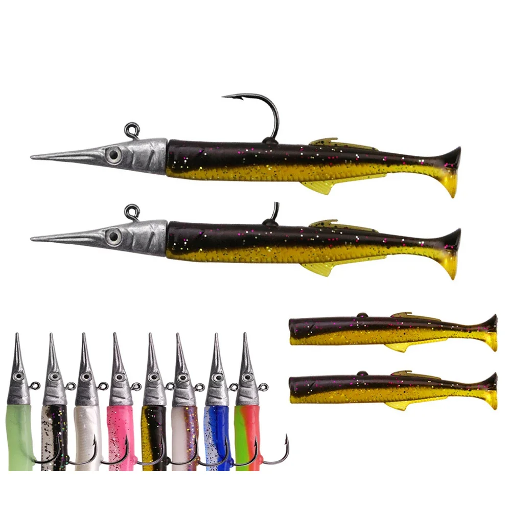 طعوم صيد مضيئة برأس رصاص من نوع توبلين ، سمك المنوة مع خطافات ، طُعم سيليكون ناعم ، سمك الباس والبايك ، أدوات صيد الجنزير ، 11: 14 جم