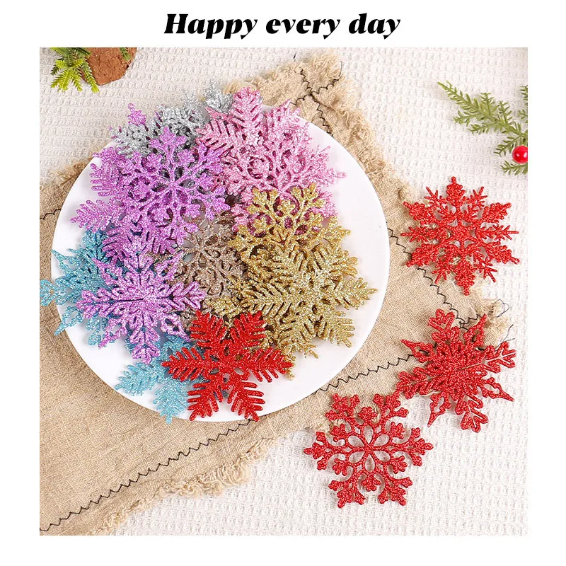 12pcs/set Pink Glitter Plastic Snowflake Ornaments Christmas Venue Decoration Xmas Tree Pendant For Home Winter Party Supplies