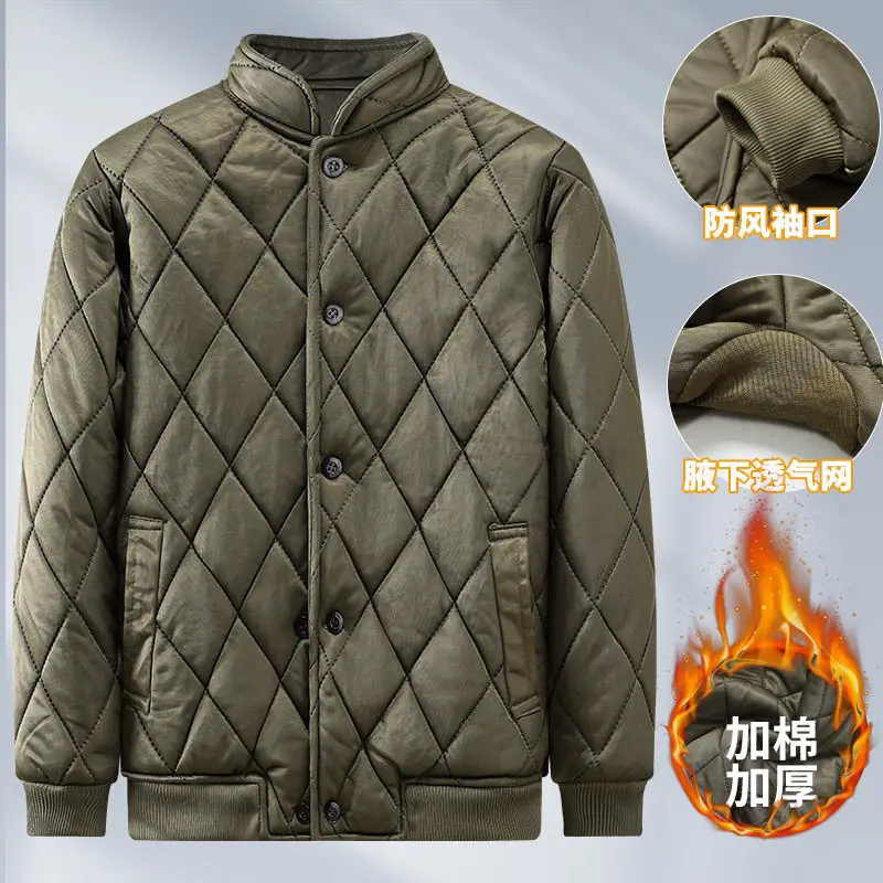 Winter Men Plaid Cotton-padded Clothes Stand Collar Solid Diamond Pattern Coat Thickened Cold-proof Spliced Lightweight Parkas