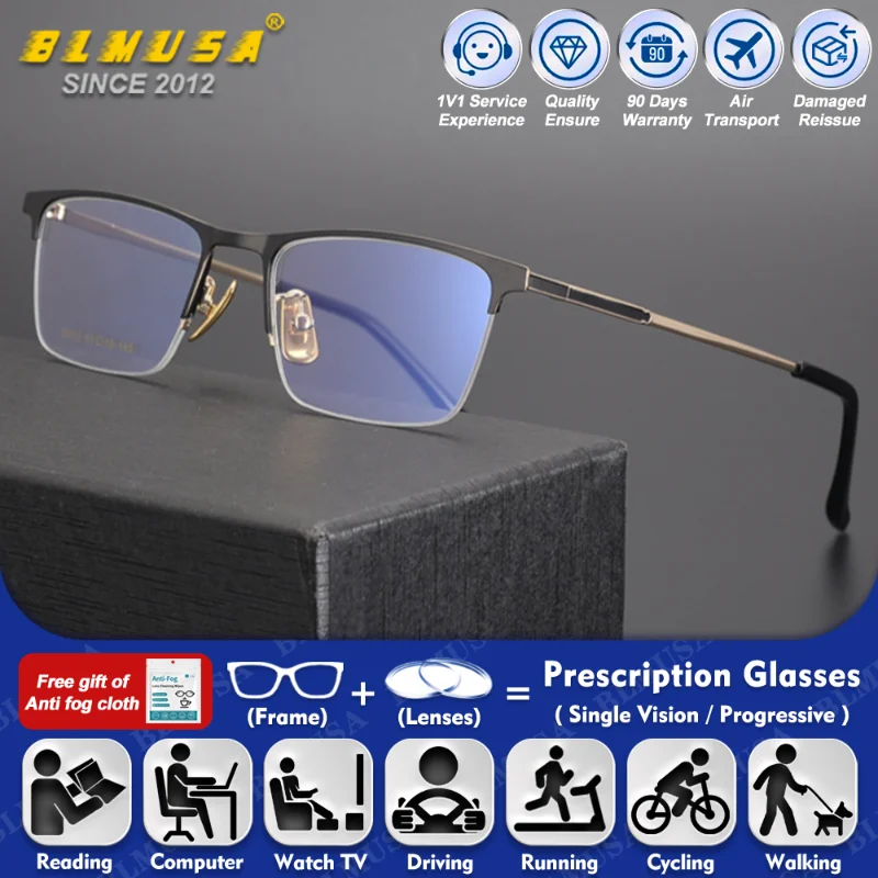 

BLMUSA (M) High Quality Half-Frame Men Anti Blue Ray Computer Glasses Business Photochromic Progressive Prescription Eyeglasses