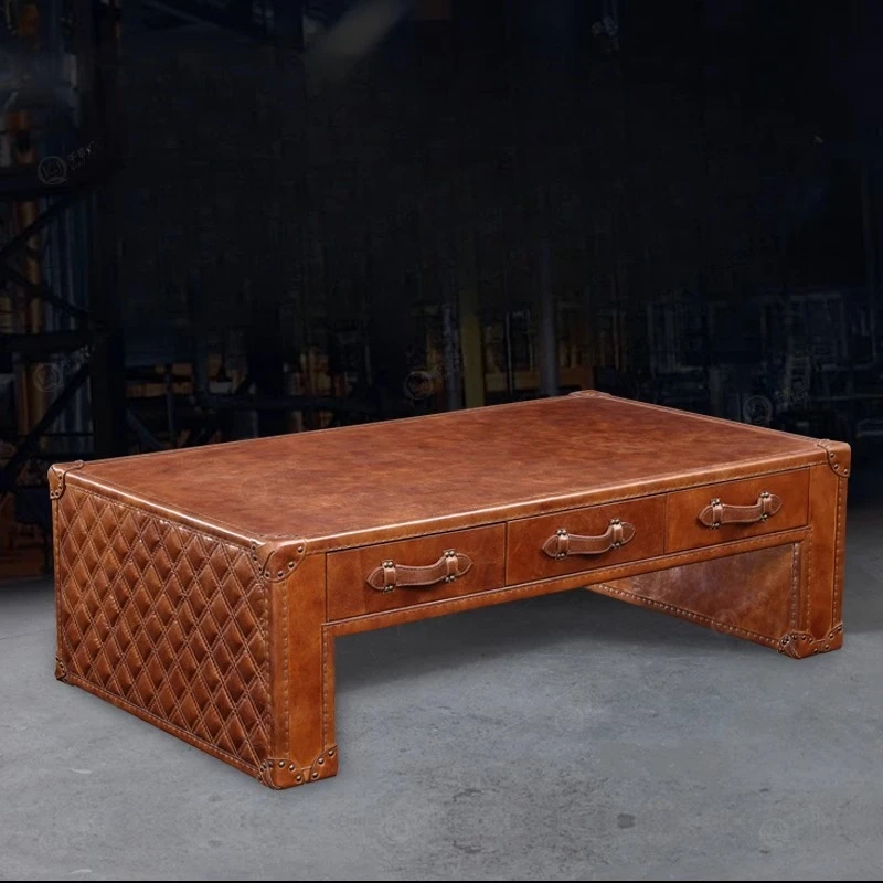 

Retro old craft space aluminum leather rectangular coffee table loft tea table living room
