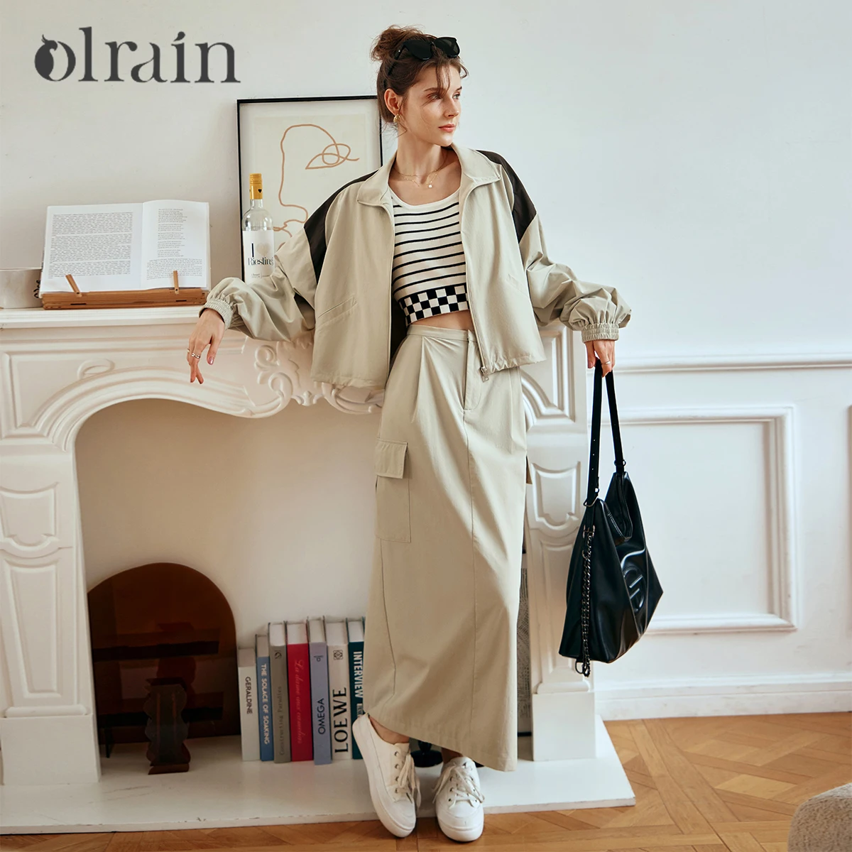 

OLrain, женские комплекты юбок в стиле сафари, осень 2023, куртки на молнии с отложным воротником и эластичной резинкой на талии, юбки с разрезом на талии O24CE89590