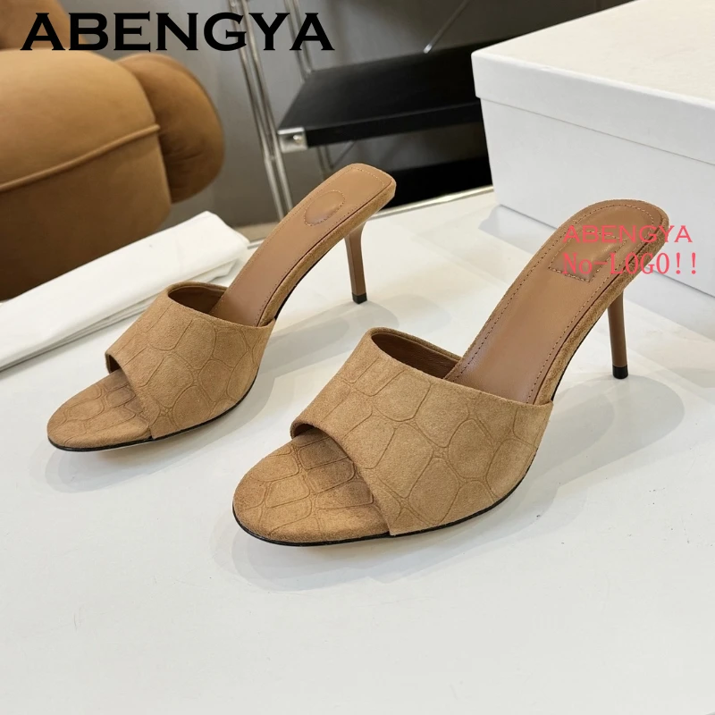 2025 Summer Real Leather Thin High Heels Slippers For Women Fashion Retro Open Toe Stilettos Mules Sexy Party Dress Shoes Mujer