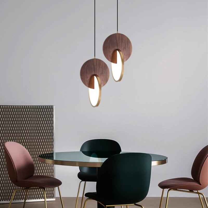 Nordic LED Pendant Lights Simple Walnut Round Bedroom Bedside Lamps Modern Restaurant Dining Room Coffer Light Fixture