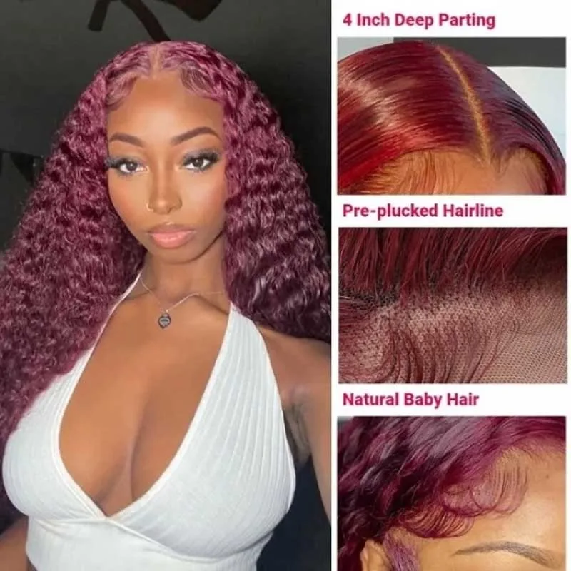 

Парик из натуральных волос 30-36 дюймов, 99J Бордовый, 13x6 HD Lace Frontal, 200% плотность, красный цвет, 13x4 Deep Wave Lace Front
